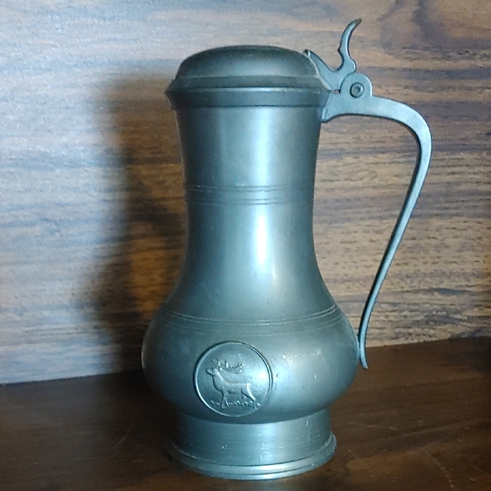Rare Vintage Pewter Tankard with Engraved Deer/Elk Design